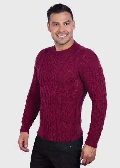 Hand knit Warm Burgundy Aran Alpaca Sweater for Men