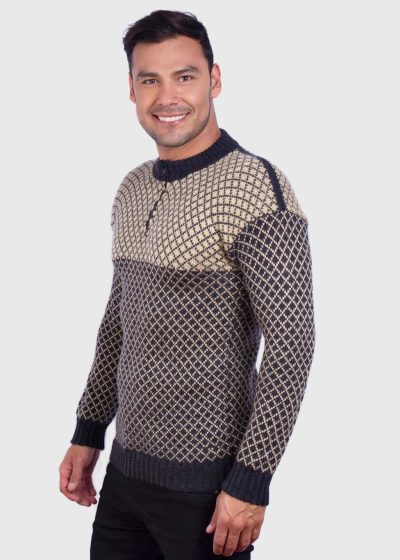 Men’s Soft Half-Zip Modern Black and Beige Alpaca Pullover Sweater