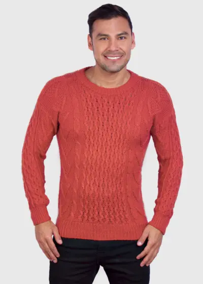 Hand knit Warm Orange Aran Alpaca Sweater for Men