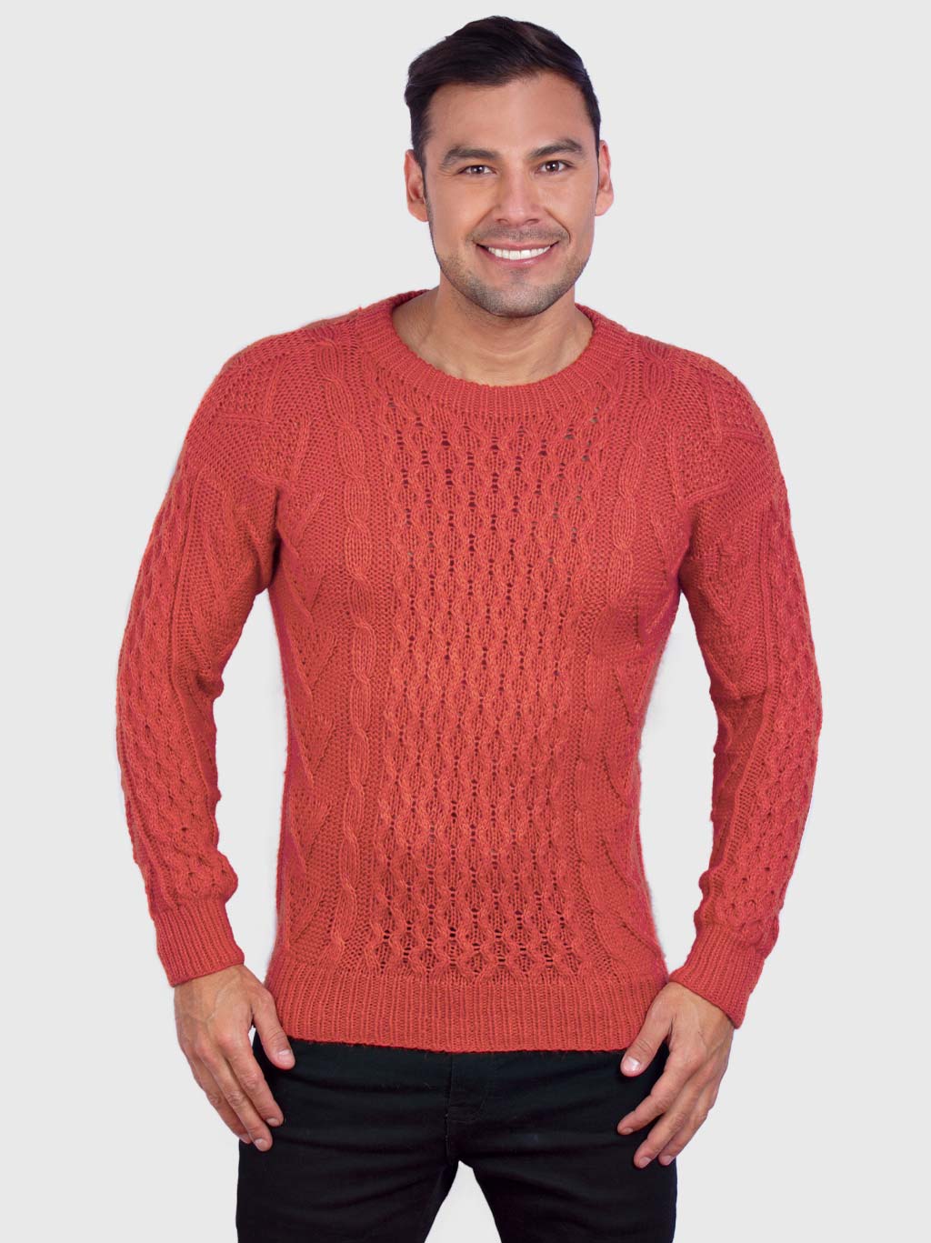 Hand knit Warm Orange Aran Alpaca Sweater for Men - Inti Alpaca ...