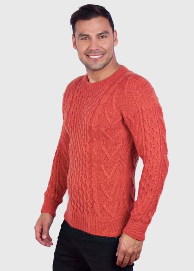 Hand knit Warm Orange Aran Alpaca Sweater for Men