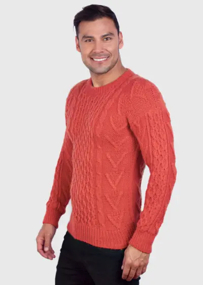 Hand knit Warm Orange Aran Alpaca Sweater for Men
