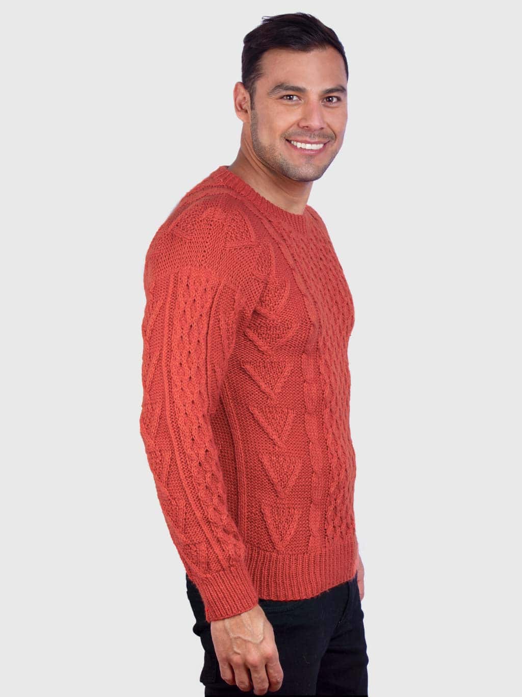 Hand knit Warm Orange Aran Alpaca Sweater for Men - Inti Alpaca ...