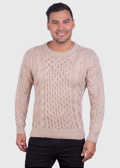Hand knit Warm Beige Aran Alpaca Sweater for Men