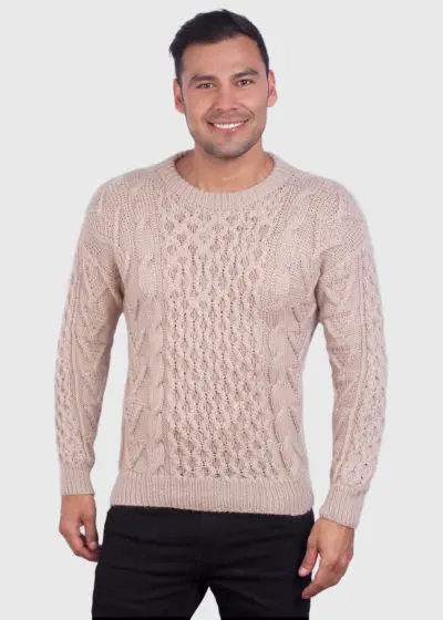 Hand knit Warm Beige Aran Alpaca Sweater for Men