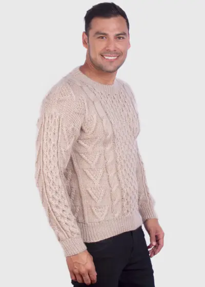 Hand knit Warm Beige Aran Alpaca Sweater for Men