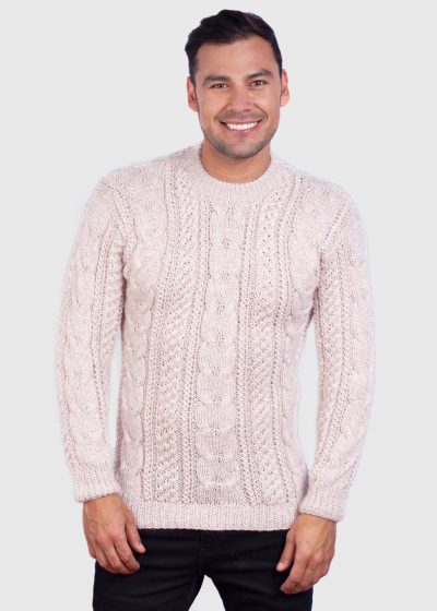 Hand knit Warm Beige Melange Aran Alpaca Sweater for Men
