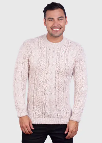 Hand knit Warm Beige Melange Aran Alpaca Sweater for Men