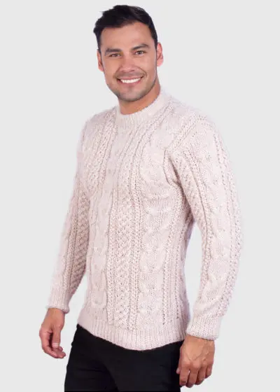 Hand knit Warm Beige Melange Aran Alpaca Sweater for Men
