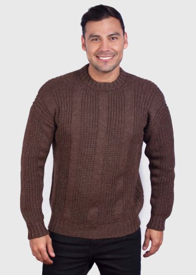 Men’s Hand Knit Long Sleeve Crewneck Brown Alpaca Sweater