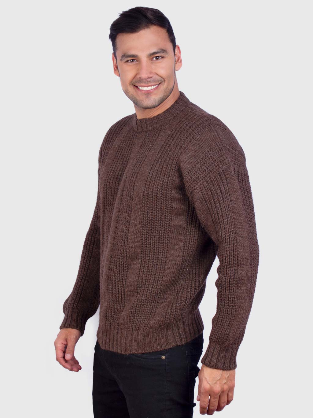 Men's Hand Knit Long Sleeve Crewneck Brown Alpaca Sweater - Inti Alpaca ...