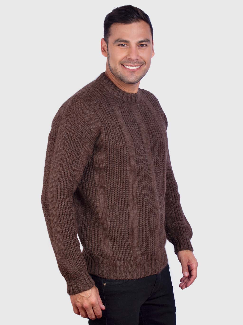 Men's Hand Knit Long Sleeve Crewneck Brown Alpaca Sweater - Inti Alpaca ...