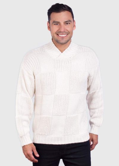 Men’s Hand Knit Long Sleeve V-Neck White Alpaca Sweater