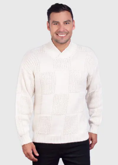 Men’s Hand Knit Long Sleeve V-Neck White Alpaca Sweater