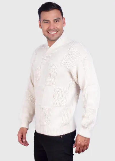 Men’s Hand Knit Long Sleeve V-Neck White Alpaca Sweater
