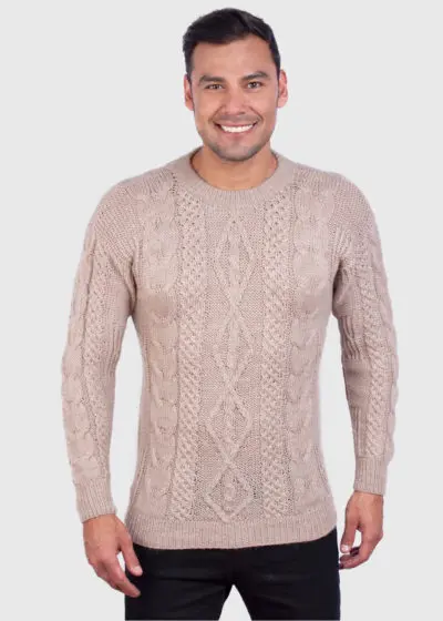 Hand knit Warm Beige Aran Alpaca Sweater for Men