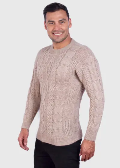 Hand knit Warm Beige Aran Alpaca Sweater for Men