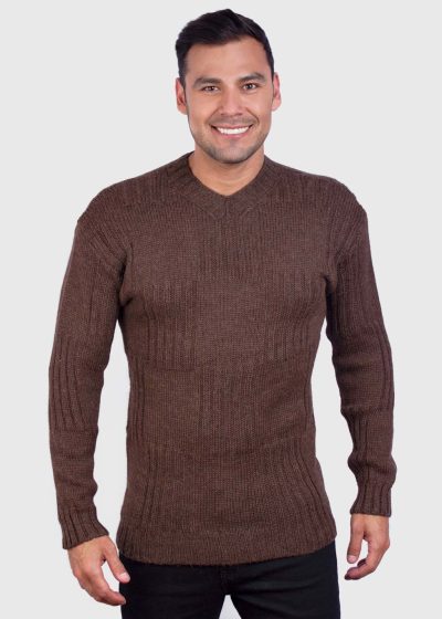 Men’s Hand Knit Long Sleeve V-Neck Brown Alpaca Sweater