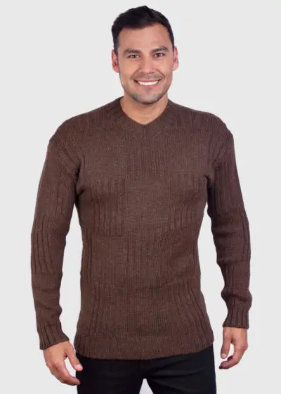 Men’s Hand Knit Long Sleeve V-Neck Brown Alpaca Sweater