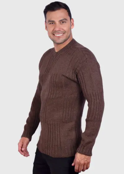 Men’s Hand Knit Long Sleeve V-Neck Brown Alpaca Sweater