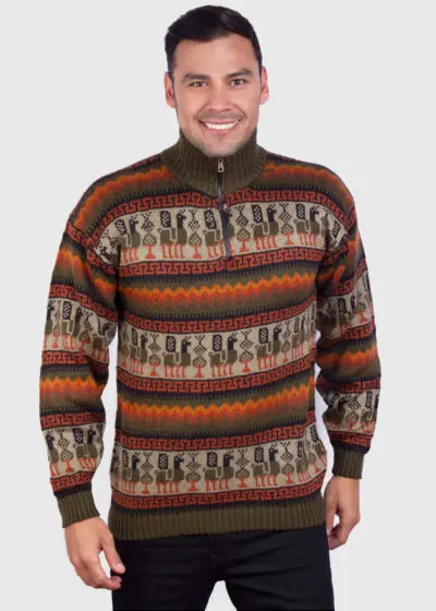 Turtleneck Half Zip Dark Green Alpaca Sweater for Men