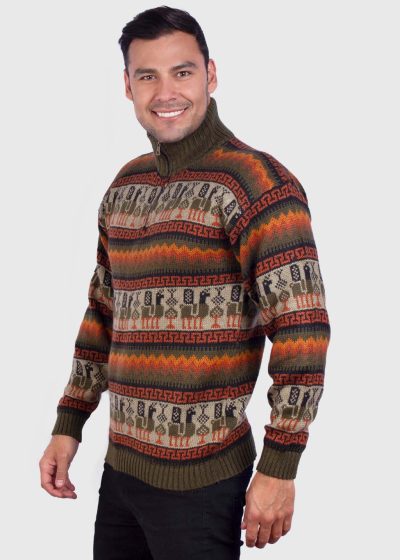 Turtleneck Half Zip Dark Green Alpaca Sweater for Men