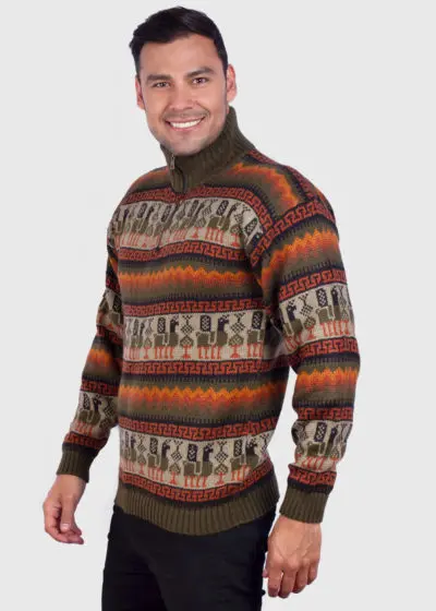 Turtleneck Half Zip Dark Green Alpaca Sweater for Men