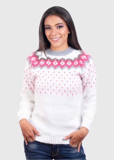 Isle White and Pink Hand Made Alpaca Sweater for Women