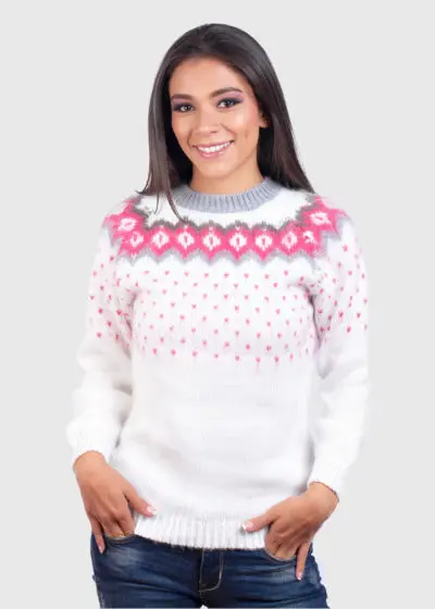 Isle White and Pink Hand Made Alpaca Sweater for Women