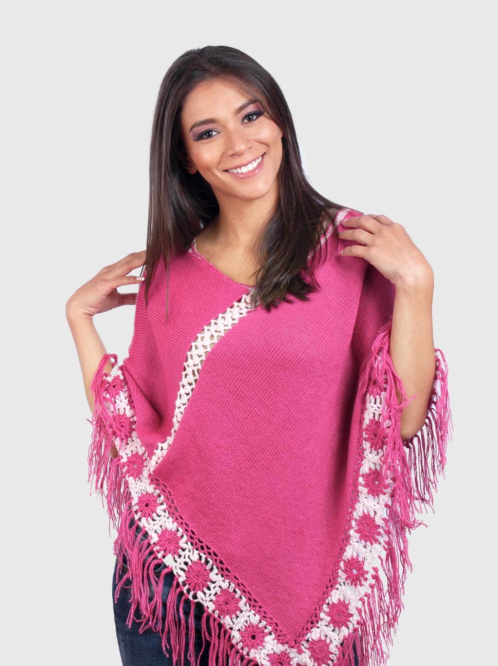 Pink and White Soft Alpaca Poncho for women