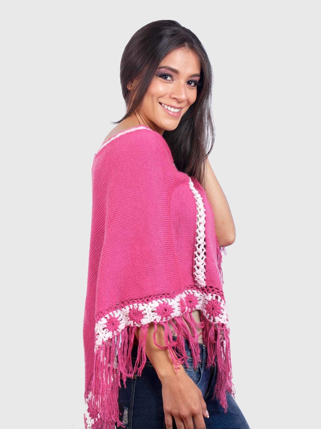 Pink and White Soft Alpaca Poncho for women