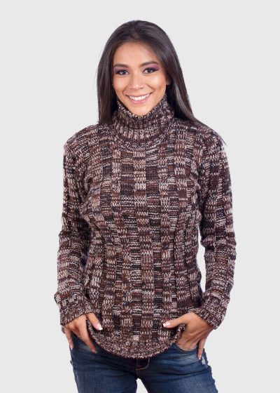 Women’s Long Sleeve Soft turtleneck Brown Melange Alpaca Pullover Sweater