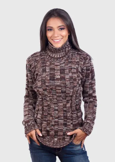 Women’s Long Sleeve Soft turtleneck Brown Melange Alpaca Pullover Sweater