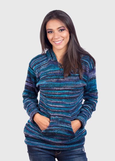 Women’s Blue Melange Kangaroo Pocket Hooded Alpaca Sweater “Elf”