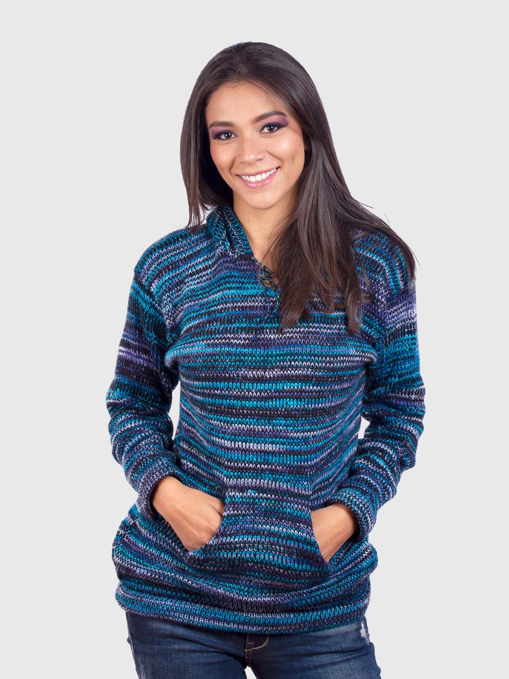 Women’s Blue Melange Kangaroo Pocket Hooded Alpaca Sweater “Elf”