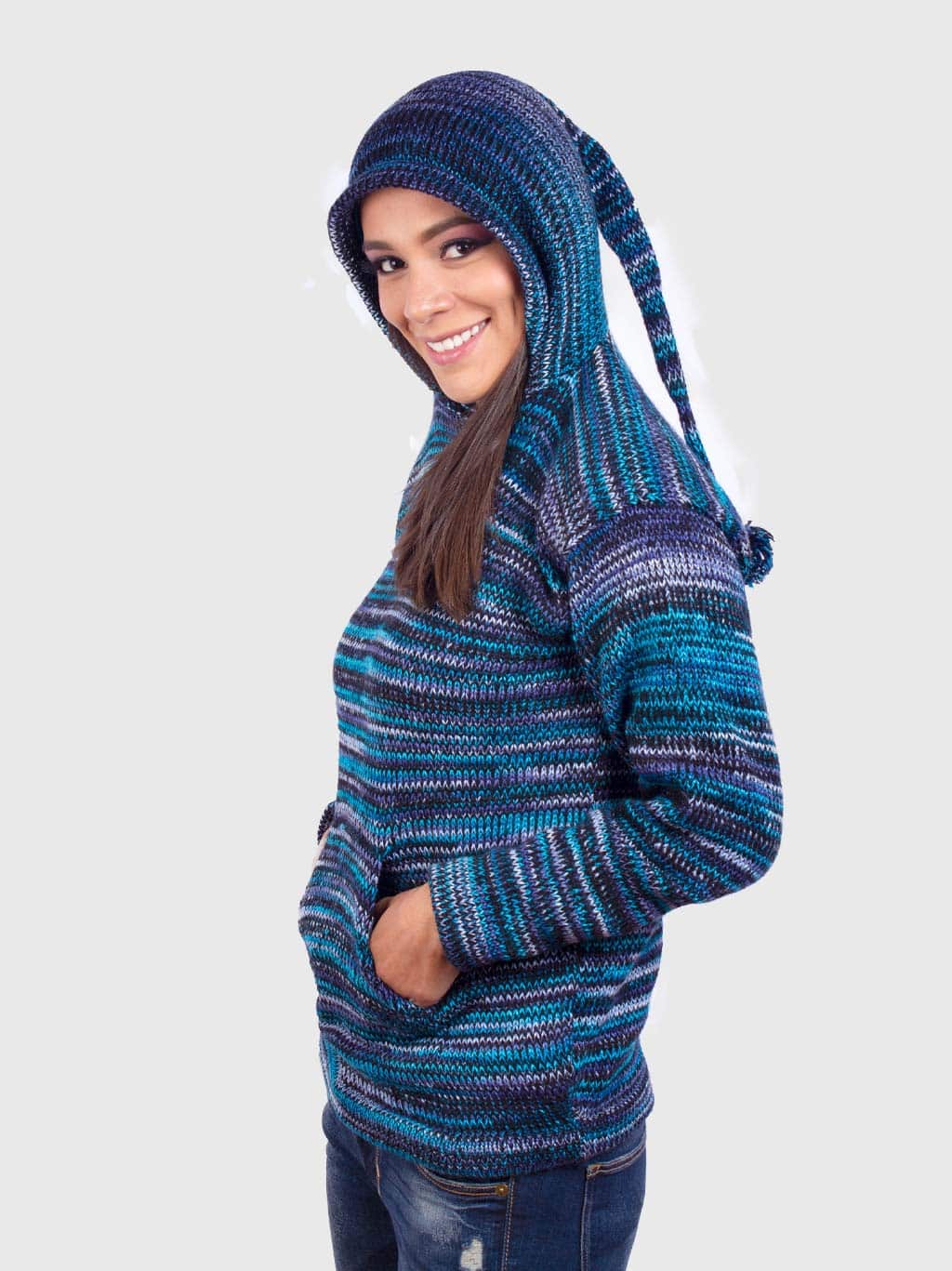 Women’s Blue Melange Kangaroo Pocket Hooded Alpaca Sweater “Elf”