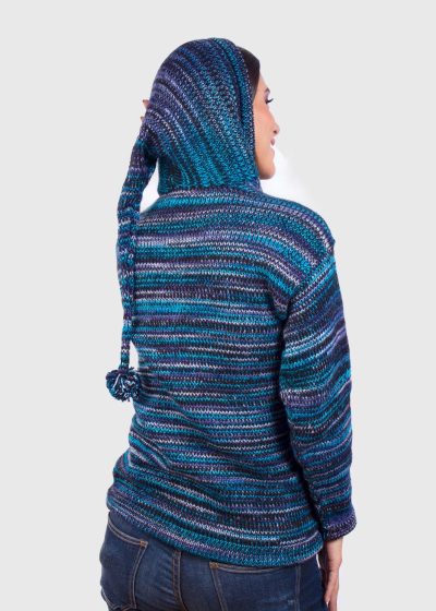 Women’s Blue Melange Kangaroo Pocket Hooded Alpaca Sweater “Elf”