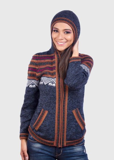 Women’s Hooded Blue Melange Alpaca Sweater