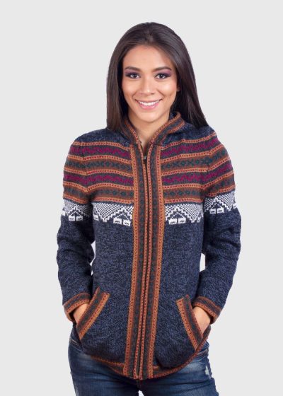 Women’s Hooded Blue Melange Alpaca Sweater