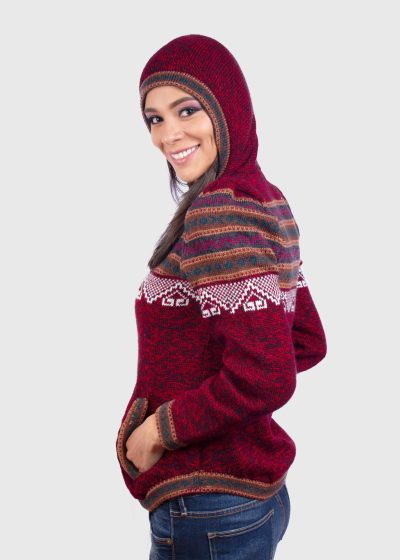 Women’s Hooded Red Melange Alpaca Sweater