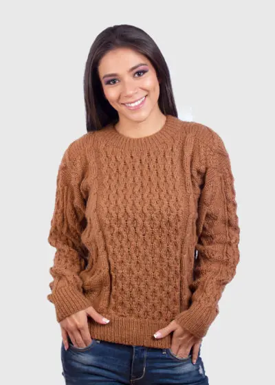 Hand knit Warm Ochre Aran Alpaca Sweater for Women