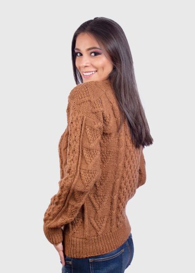 Hand knit Warm Ochre Aran Alpaca Sweater for Women
