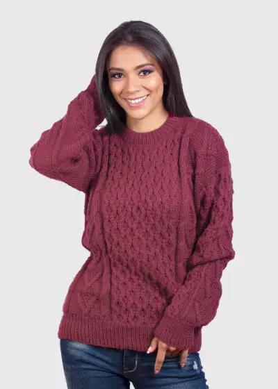 Hand knit Warm Burgundy Aran Alpaca Sweater for Women