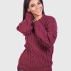 Hand knit Warm Burgundy Aran Alpaca Sweater for Women
