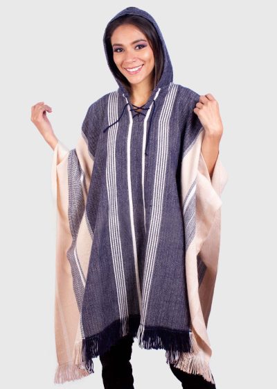 Hoddie Beige and Blue Soft Alpaca Poncho “Suyana”