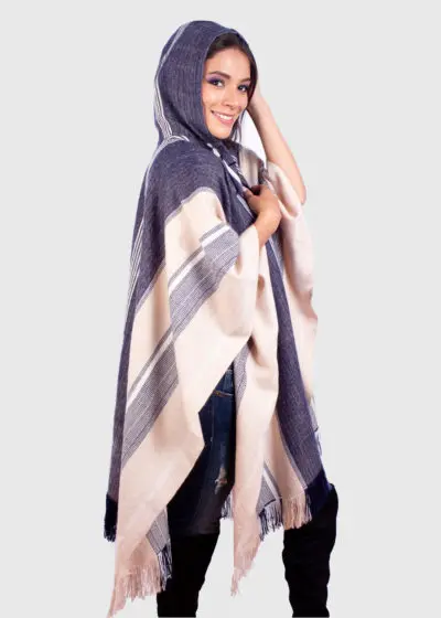 Hoddie Beige and Blue Soft Alpaca Poncho “Suyana”