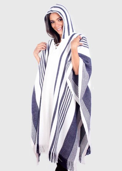 Hoddie White and Blue Soft Alpaca Poncho “Nina”
