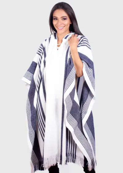 Hoddie White and Blue Soft Alpaca Poncho “Nina”
