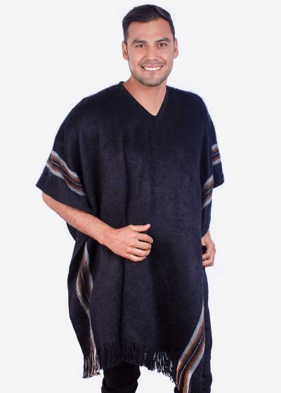INTI0100 BLACK ALPACA PONCHO FOR MEN WITH V-NECK - WINTER WOOL CAPE