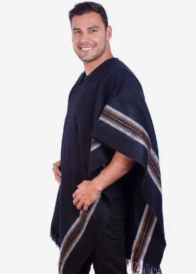 INTI0100 BLACK ALPACA PONCHO FOR MEN WITH V-NECK - WINTER WOOL CAPE